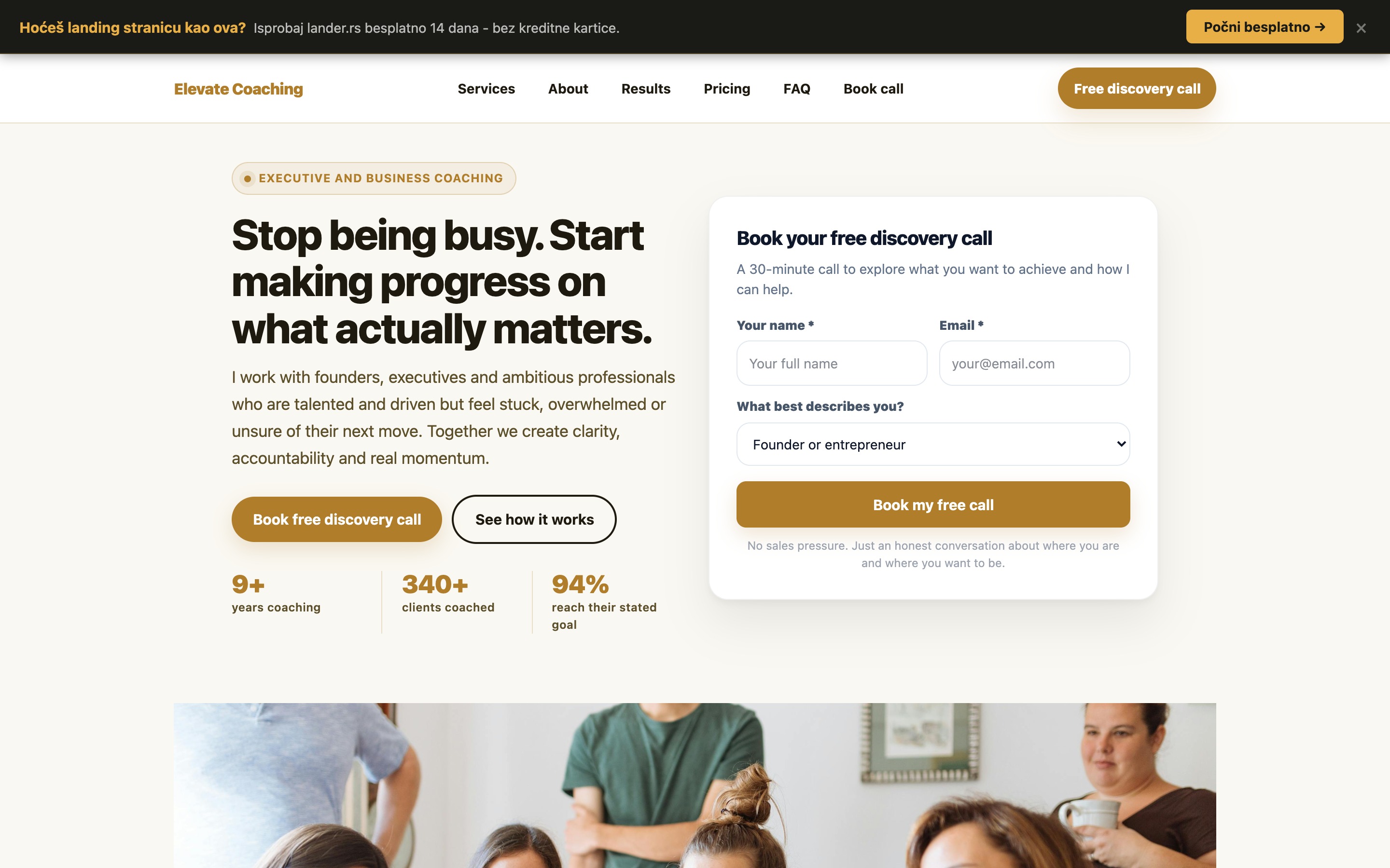 Elevate Coaching business coach landing page - desktop
