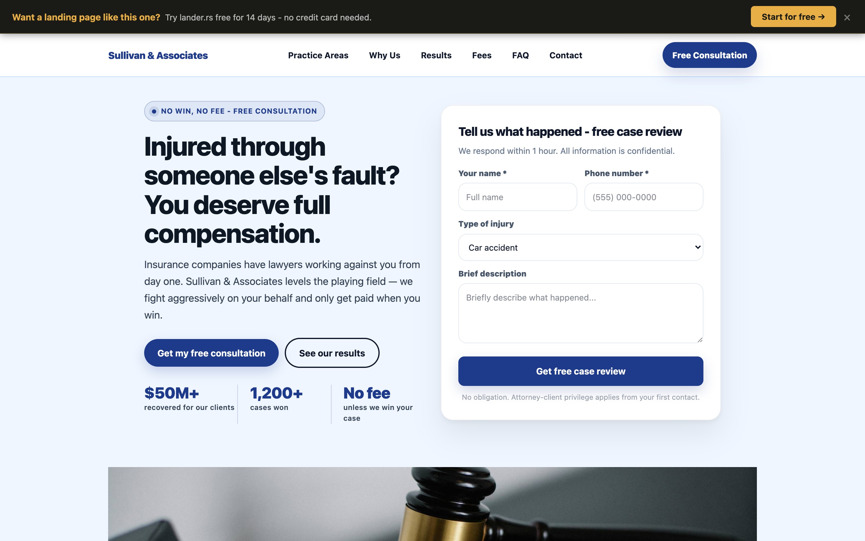 Sullivan & Associates personal injury landing page - desktop view