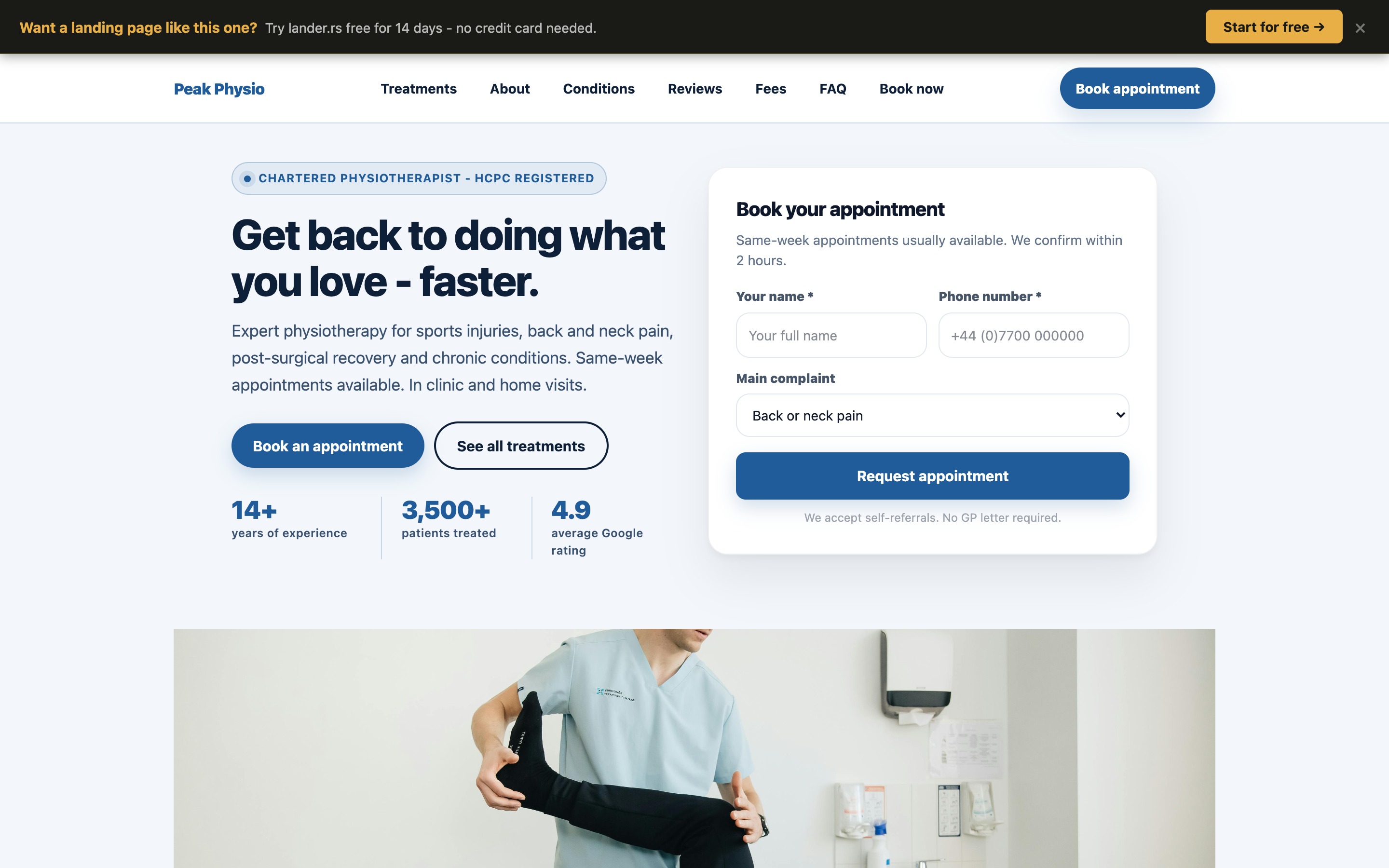 Peak Physio physiotherapist landing page - desktop