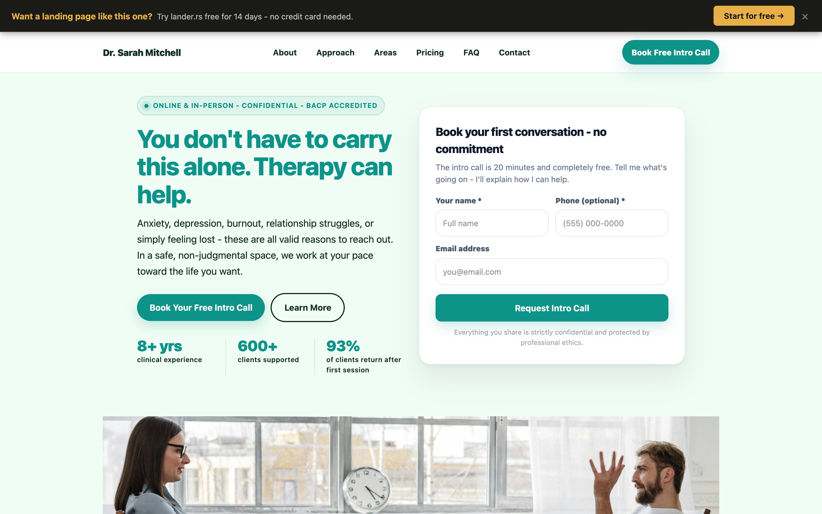 Dr. Sarah Mitchell psychotherapist landing page - desktop