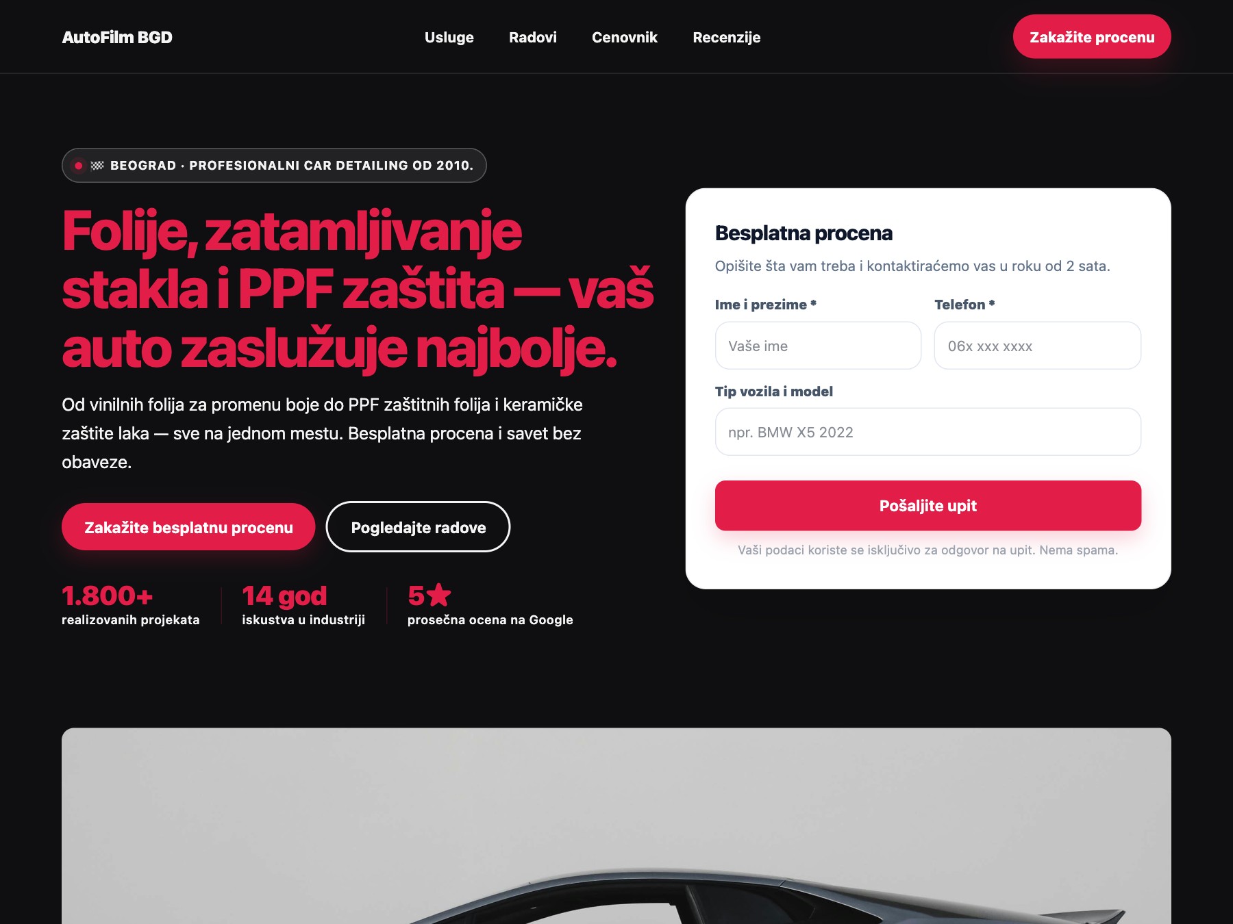 Auto Detailing & Folije landing page primer