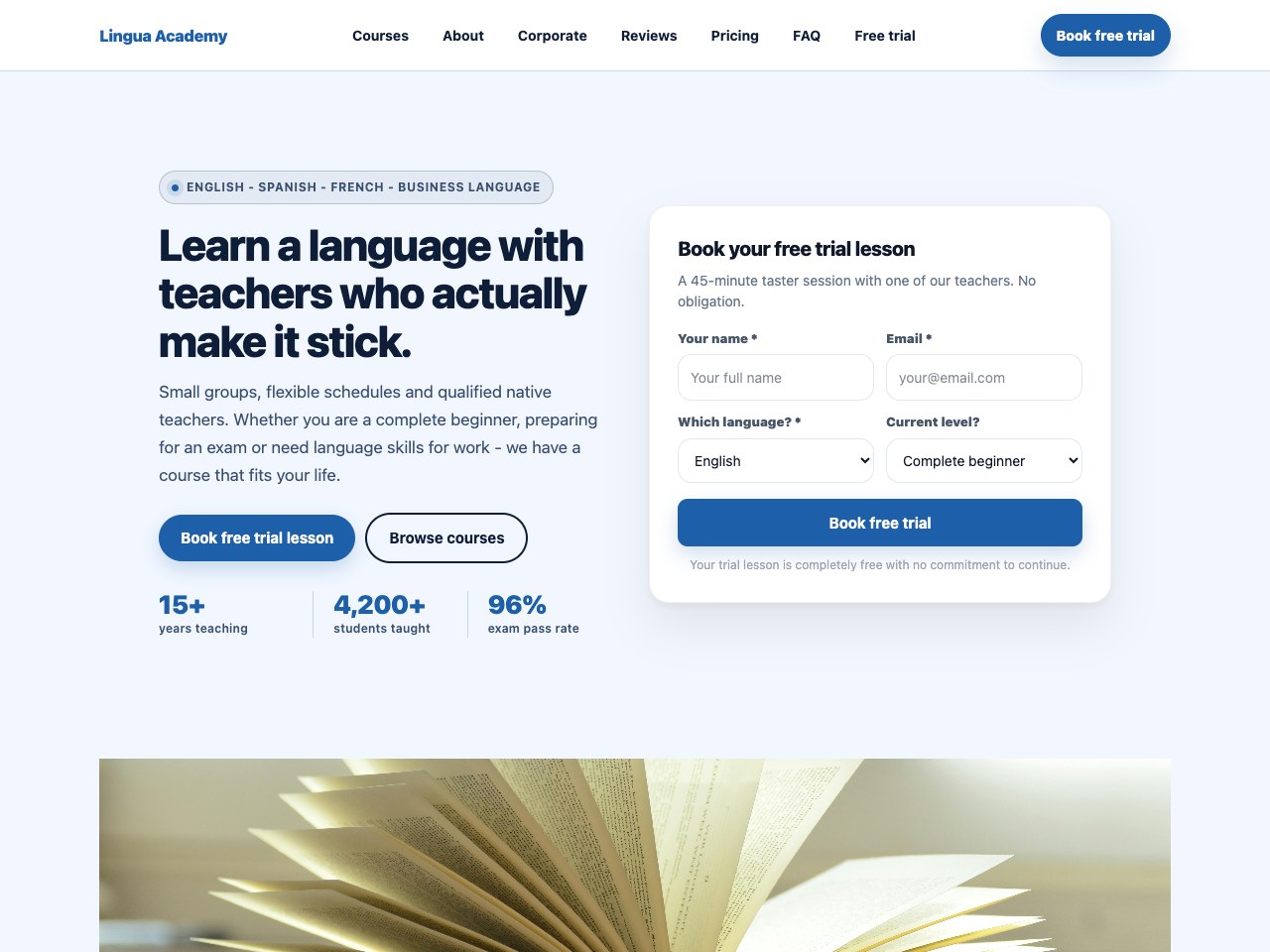 Škola Jezika landing page primer