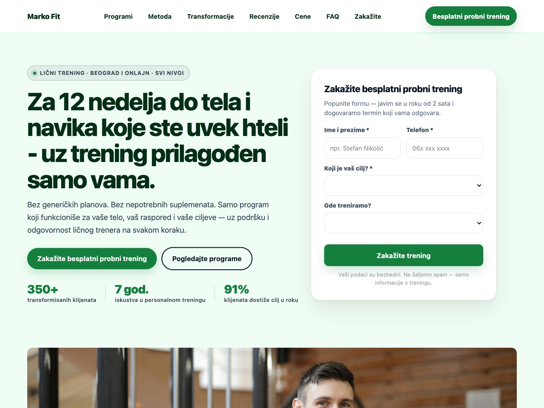 Lični Trener landing page primer