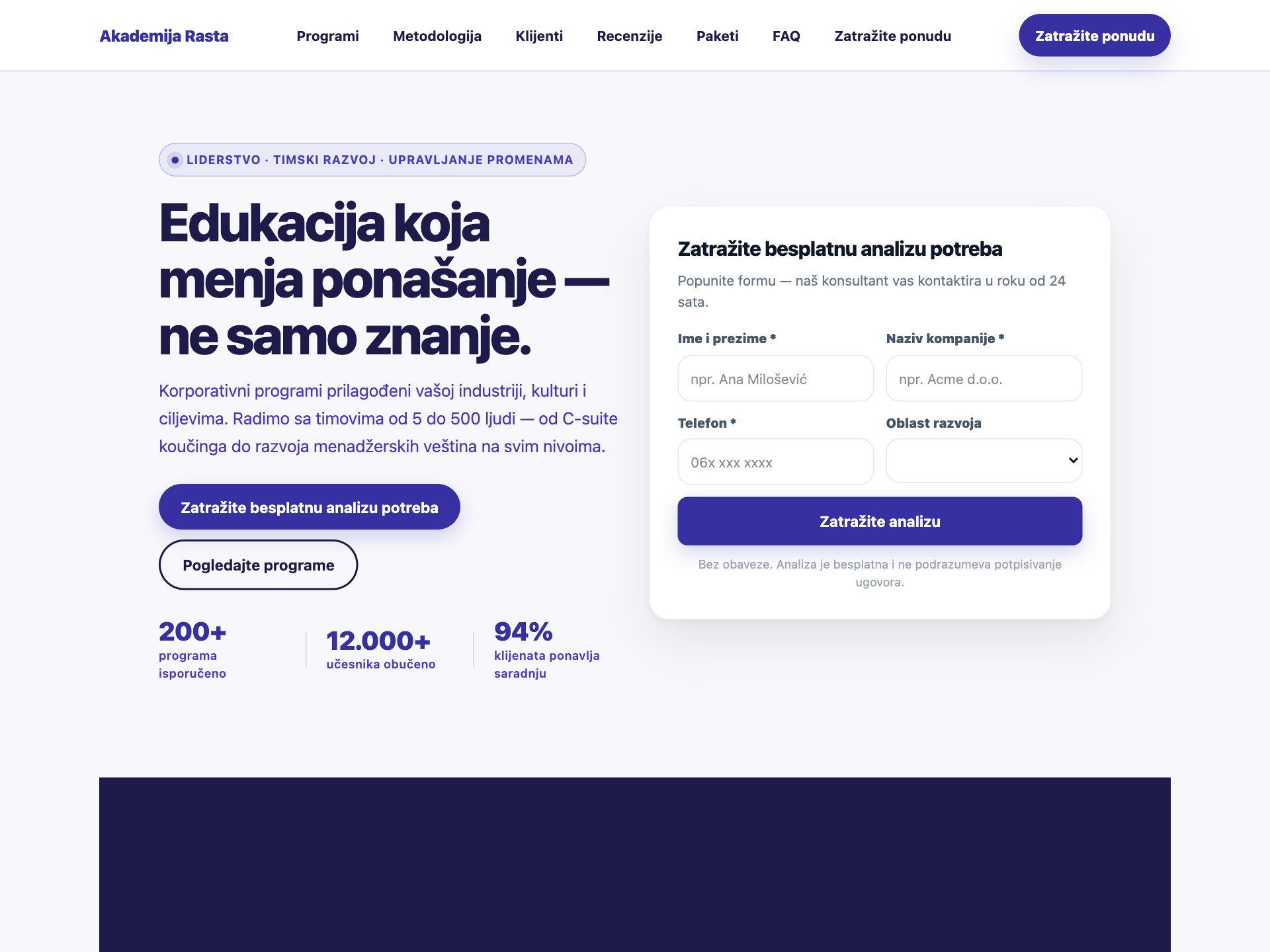 Akademija Rasta landing page primer